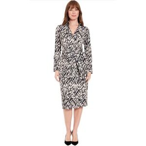 London Times Womens Black Beige Abstract Ikat Print Collared Midi Wrap Dress 10